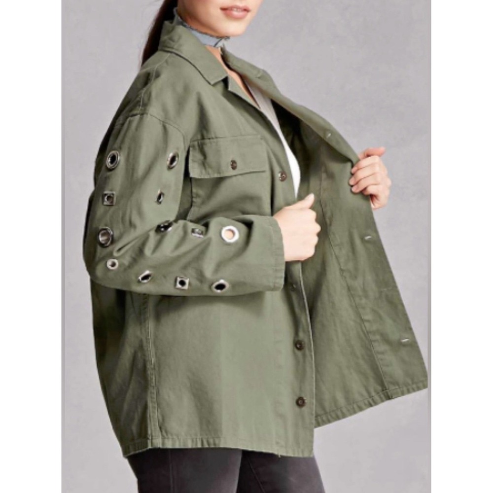 Brooklyn Karma Women Green Shacket Utility Jacket Geometric Grommets Pockets S